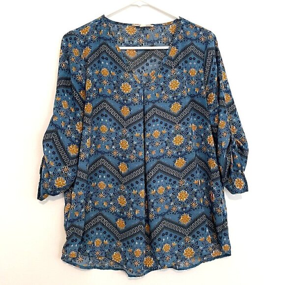 PINK ROSE Blue Mustard Navy Floral Chevron 3/4 Sleeve Roll Tab Sleeve Blouse Top - Picture 1 of 12